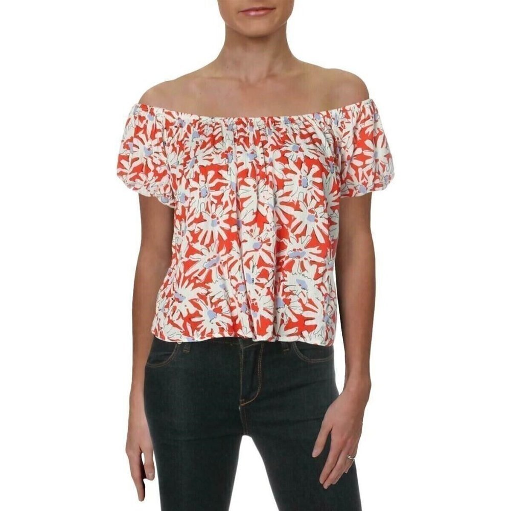 Aqua Womens Size Medium Floral Print Off the Shoulder Blouse in Red White 2101 - Picture 1 of 6